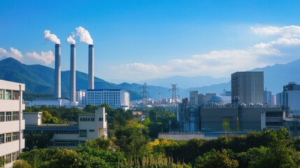Fototapeta premium Industrial complex with smokestacks against a backdrop of mountains and cityscape.