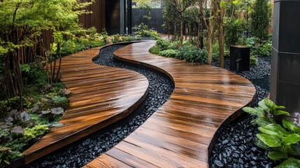 Obraz premium Wet wooden path curves through a lush garden.