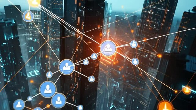 Cyberpunk City Network: A futuristic cityscape illuminated by a vibrant network of interconnected nodes.
