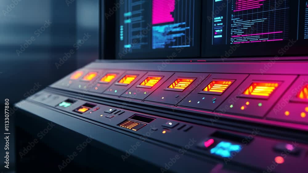 Poster high-tech control panel with colorful lights and digital interfaces for modern technology