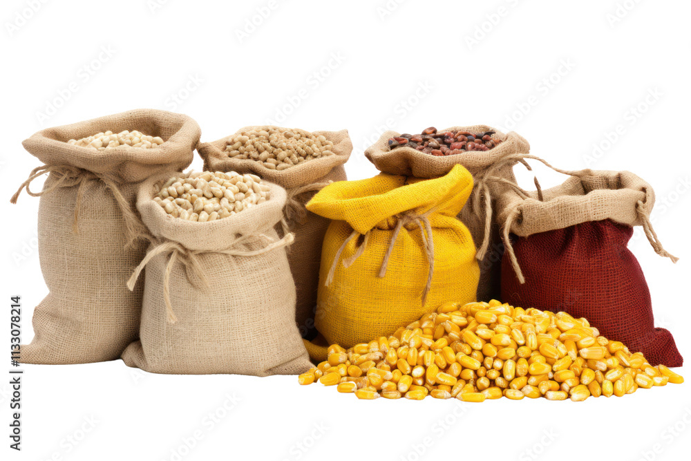 Poster a rustic display featuring burlap sacks packed with fresh corn kernels, with some kernels artfully a