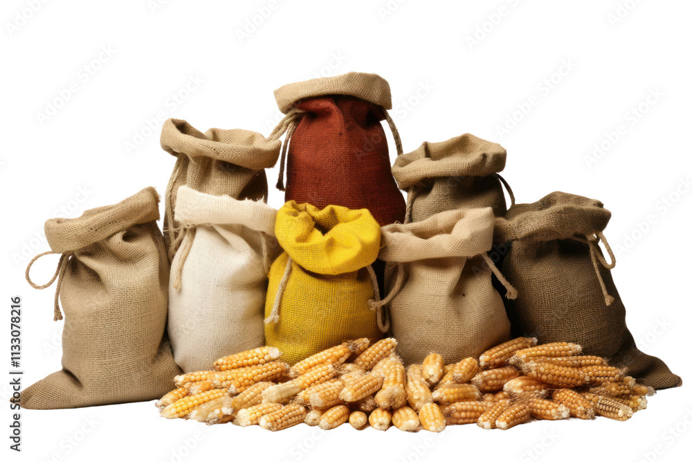 Poster a rustic display featuring burlap sacks packed with fresh corn kernels, with some kernels artfully a