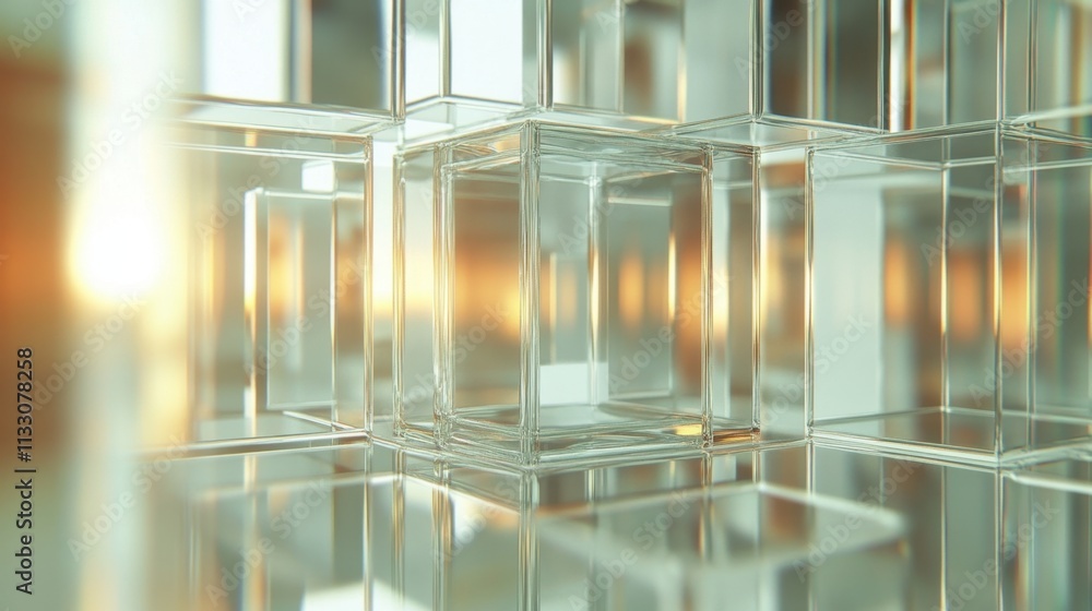 Poster abstract glass cubes structure at sunset: a 3d render of interlocking transparent boxes reflecting g