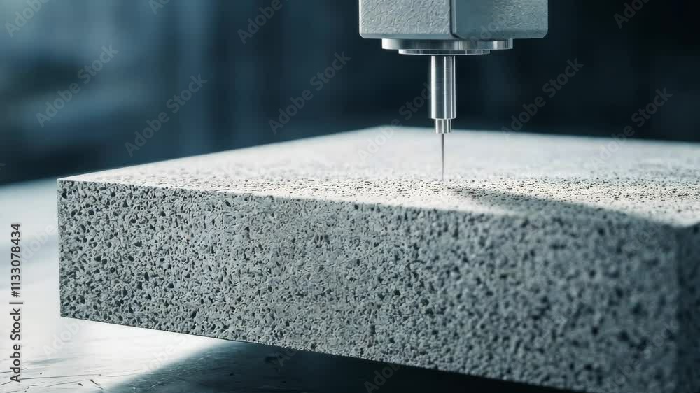 Poster industrial equipment showing precision tooling on concrete block in workshop environment
