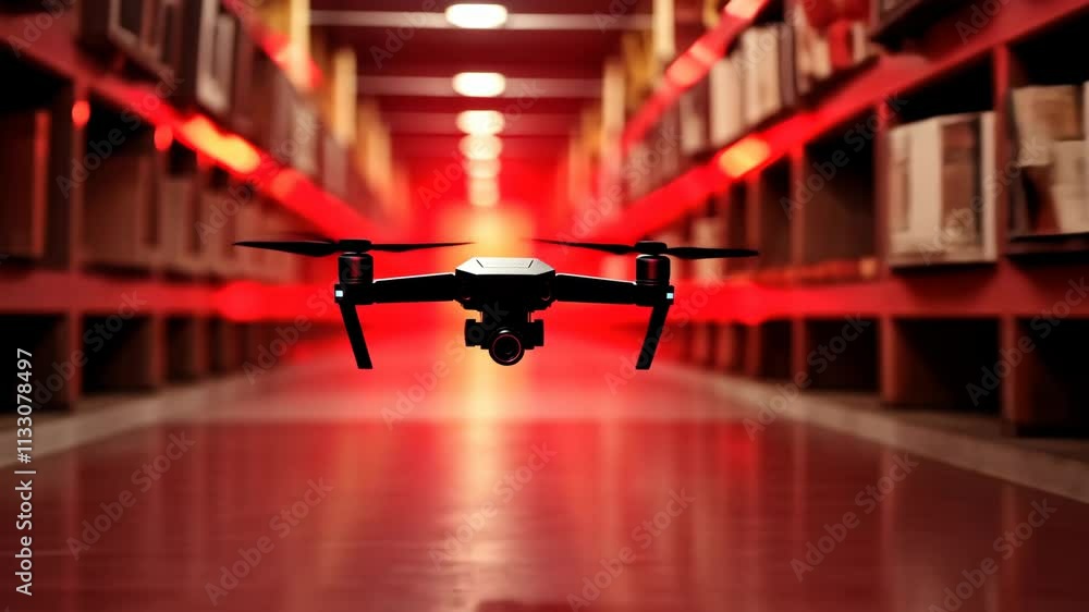 Poster sleek drone flying in a luminous archive with red illuminated background