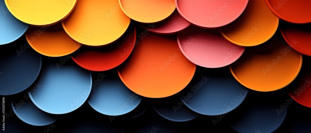 Poster a vibrant and colorful abstract image featuring a variety of circular shapes in warm and cool tones.
