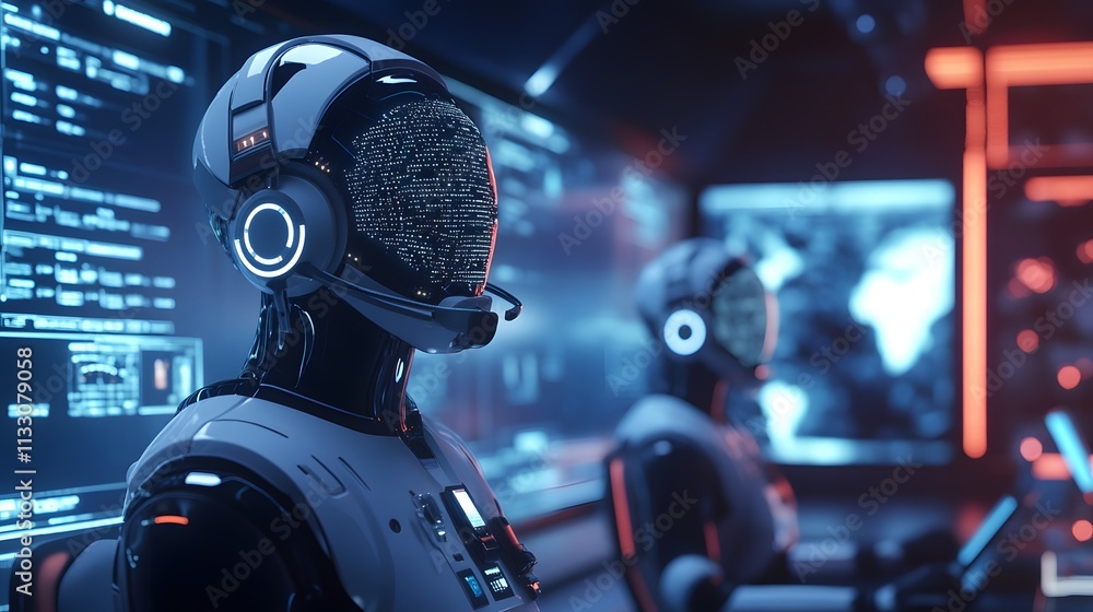 Poster futuristic robots monitoring data streams in control room