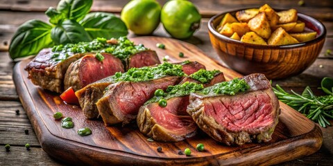 Fototapeta premium Sizzling steak, medium-rare perfection, roasted bone-in potatoes, vibrant pestoâ€”a culinary masterpiece.