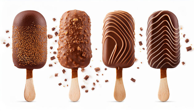Four flying ice creams with chocolate glaze on sticks on white backgroud