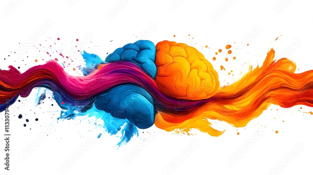 Poster Vibrant Abstract Art Representation of Creative and Logical Thinking with Colorful Waves and Brain Imagery for Conceptual Illustrations