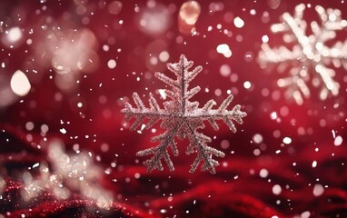 Fototapeta premium Shimmering silver snowflakes flying mid-air with sparkling effects, against a rich crimson backdrop