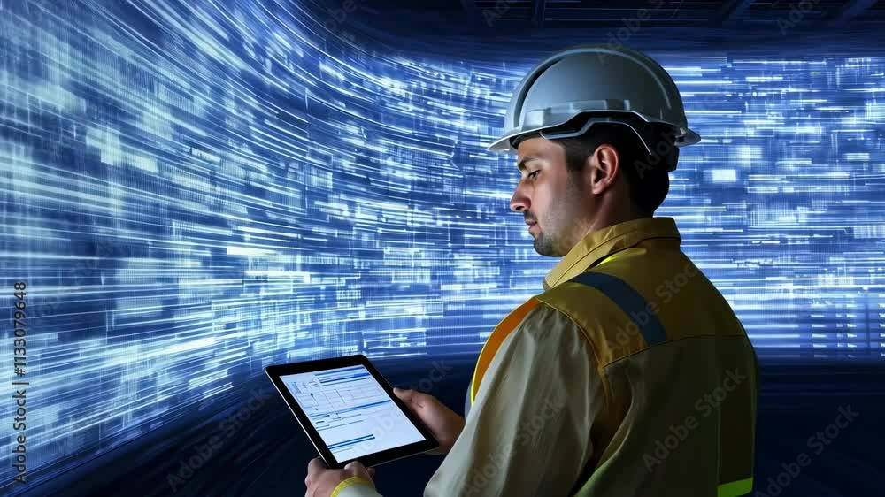 Poster tech engineer analyzing data visualizations in a modern digital environment