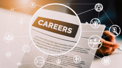 Fototapeta premium Human Resources Recruitment and People Networking Concept. Modern graphic interface showing professional employee hiring and headhunter seeking interview candidate for future manpower. uds