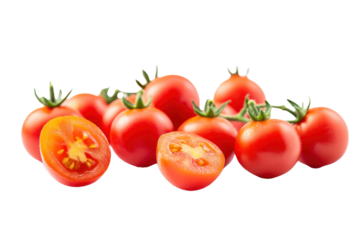 A group of red tomatoes, including whole and halved varieties, emphasizing their plump shapes and bright colors. The contrast of the red tomatoes against 