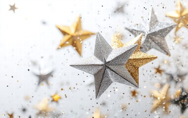 Shiny silver and gold stars flying dynamically surrounded by tiny sparkles on a bright white background