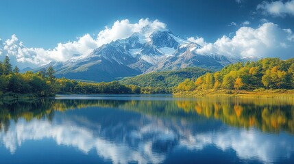 Serene autumnal lake reflecting snow-capped mountains under a vibrant sky.