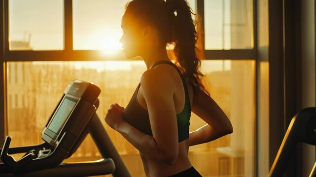 Woman athlete running on a treadmill at a gym, soaking in the beautiful sunset glow coming through the windows out at gym, doing fitness exercises. healthy concept