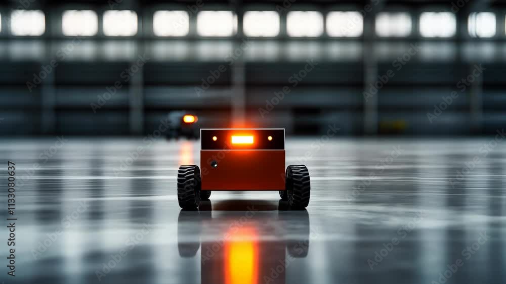 Poster small autonomous robots navigating in a large industrial space with reflection on the floor