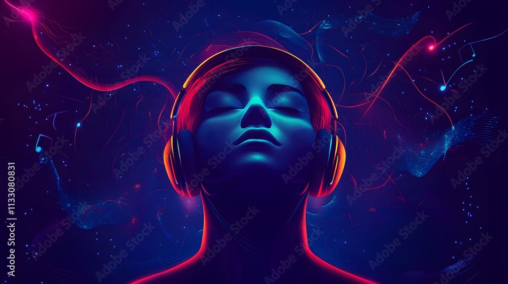 Poster ethereal representation of a person enjoying music with headphones, surrounded by vibrant colors and