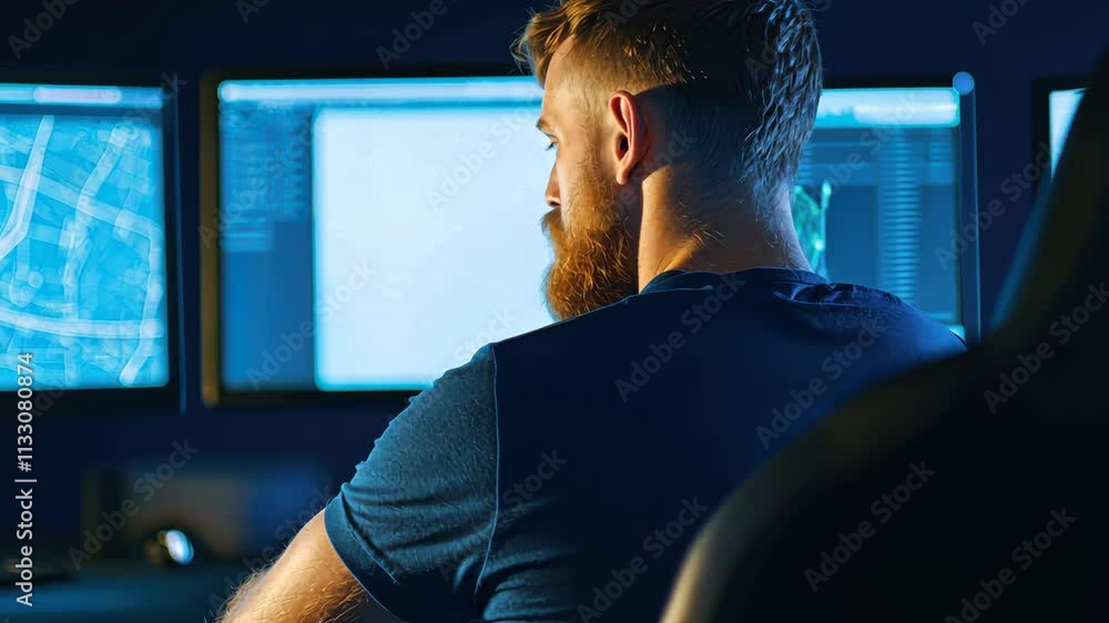 Poster young man analyzing data on multiple computer screens in modern workspace environment