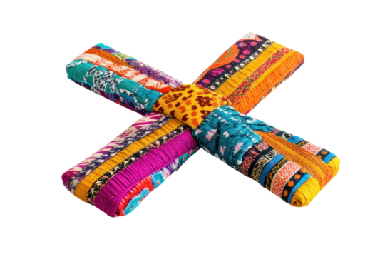 A fabric cross made from vibrant, handwoven textiles, featuring a variety of colors and patterns. The cross is placed flat on a pristine white surface
