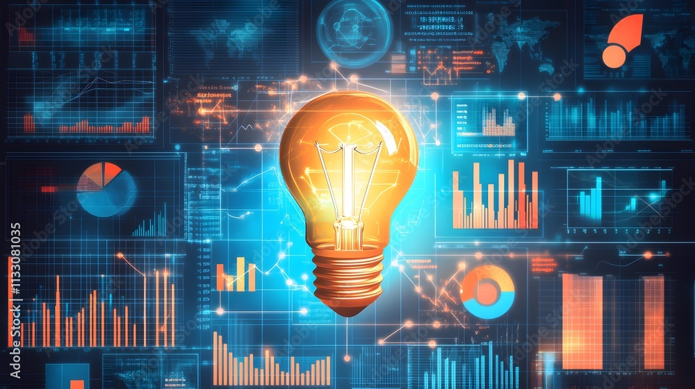 Poster illuminated lightbulb amidst data visualization charts