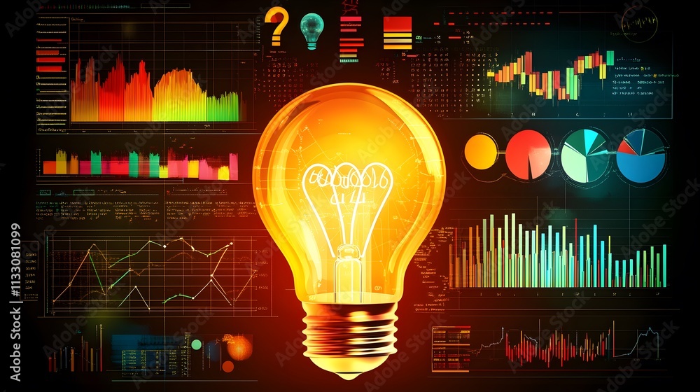 Aufkleber illuminated lightbulb amidst data charts and graphs