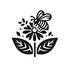 Naklejka premium Bee on a flower with leaves in a minimalist black design