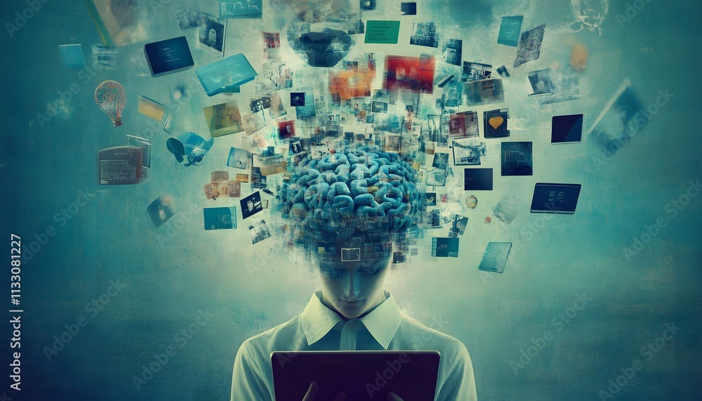 Poster artificial intelligence concept illustrating data explosion and creative thinking in modern digital 