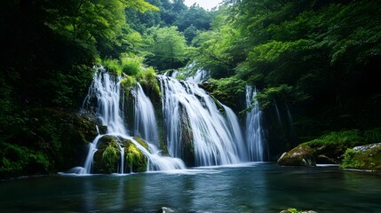 Fototapeta premium A tranquil waterfall flowing through a misty, natural environment.