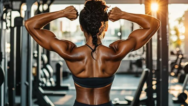 Strong female bodybuilder flexing her back muscles and biceps in a gym, showcasing her powerful physique The of woman with nice working out at the gym