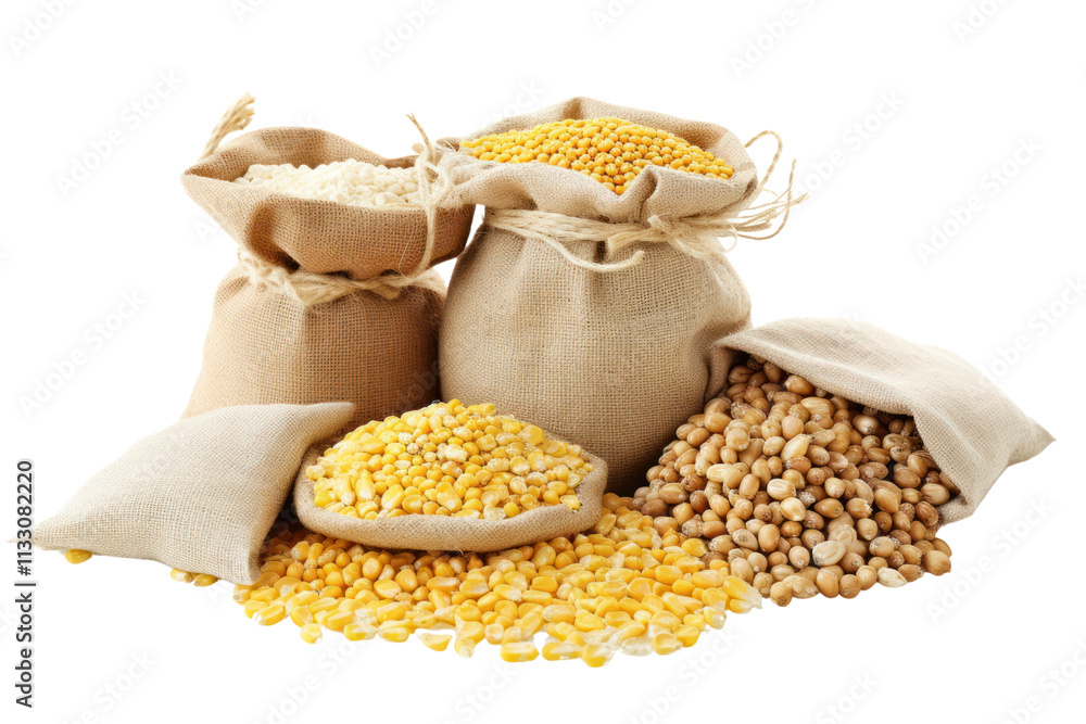 Poster a collection of burlap sacks overflowing with fresh corn kernels, surrounded by a few individual ker