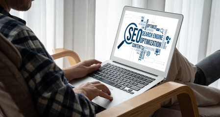 SEO search engine optimization for modish e-commerce and online retail business showing on computer...