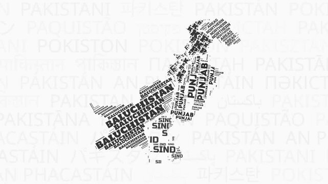 Pakistan intro animation. Country with regions illustration video. Background with country names in various languages. Regions of Pakistan animation. Beautiful video.