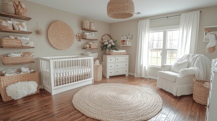 A serene and cozy baby room featuring a crib, natural textures, and neutral colors, created to provide a calm environment for the baby.