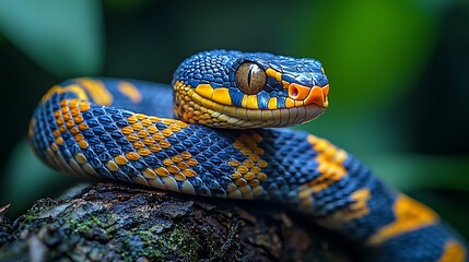 Fototapeta premium small snake on a tree branch with a blurred forest background, ultra-detailed scales