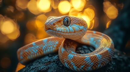 Obraz premium small snake on a tree branch with a blurred forest background, ultra-detailed scales