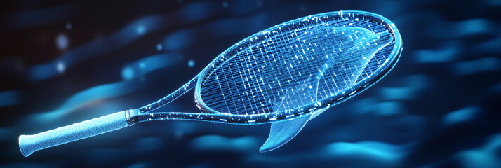 A digital tennis racket icon linked to a glowing dolphin, symbolizing online marine sports platforms focused on aquatic agility.  