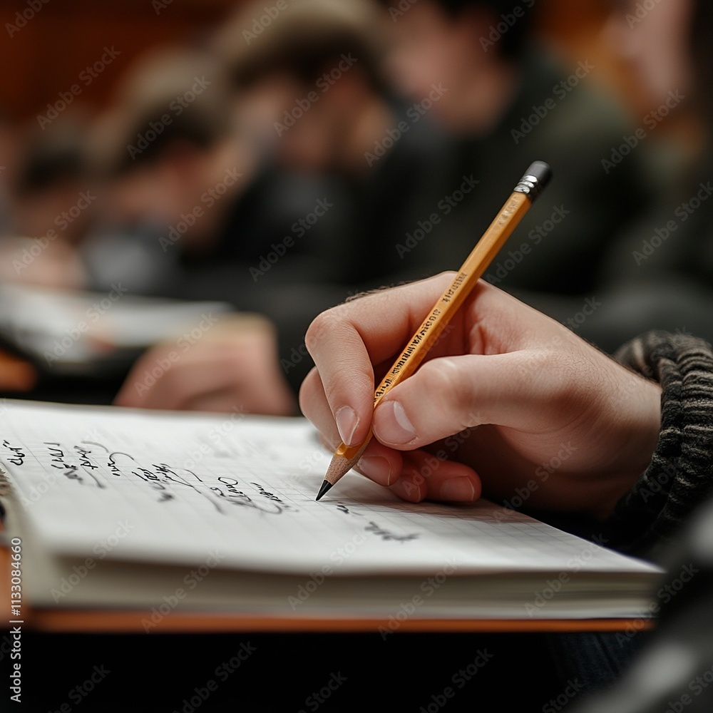 Poster this close-up captures a student's hand holding a pencil, precisely writing notes in a notebook duri