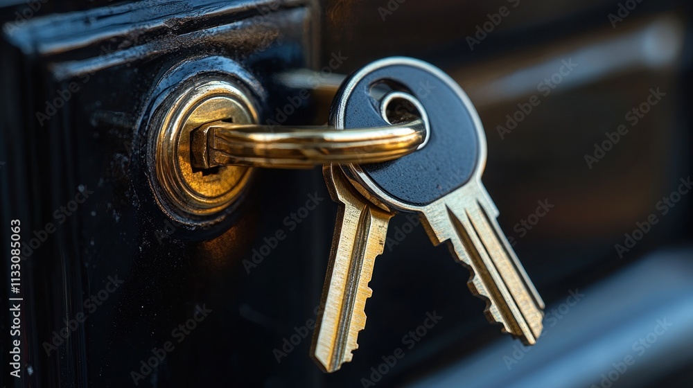 Poster a close-up of a key inserted into a lock with two keys hanging from it.
