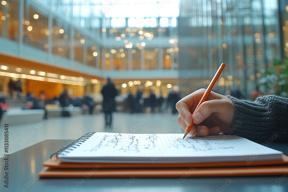 Poster this close-up captures a student's hand holding a pencil, precisely writing notes in a notebook duri