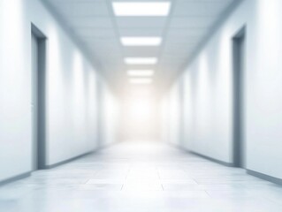 Obraz premium A bright, minimalist hallway with multiple doors, featuring smooth floors and evenly spaced lights, conveying a sense of depth and openness.