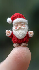 Obraz premium Tiny handcrafted Santa Claus figure stands on a finger, showcasing intricate details of holiday cheer and craftsmanship