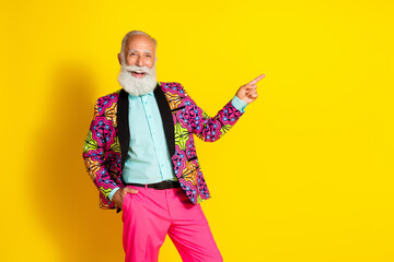 Photo portrait of attractive retired man point empty space dressed stylish colorful fancy clothes...