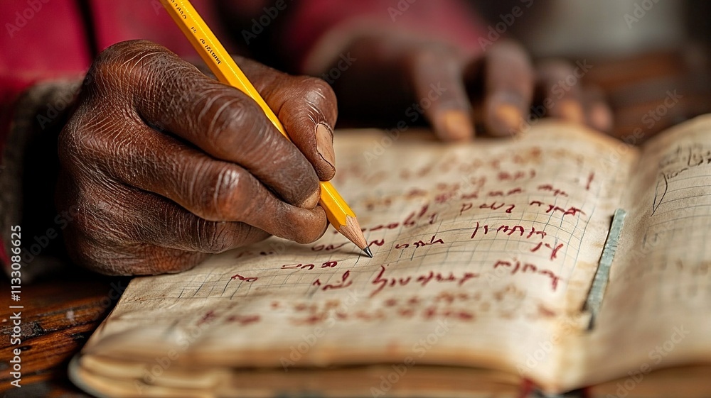 Poster this close-up captures a student's hand holding a pencil, precisely writing notes in a notebook duri
