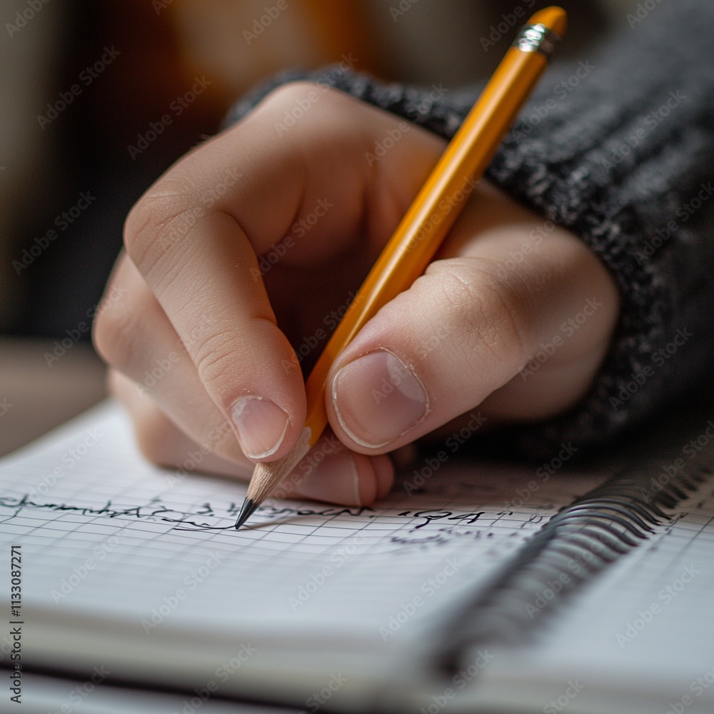 Poster this close-up captures a student's hand holding a pencil, precisely writing notes in a notebook duri