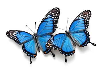 Obraz premium Two beautiful, bright blue butterflies with black and orange markings are shown against a white background.