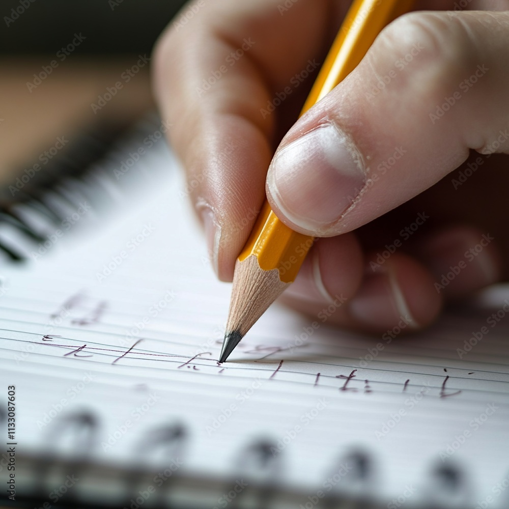 Poster this close-up captures a student's hand holding a pencil, precisely writing notes in a notebook duri
