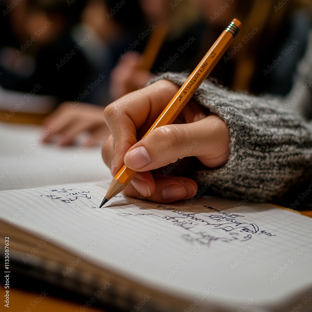 Poster this close-up captures a student's hand holding a pencil, precisely writing notes in a notebook duri