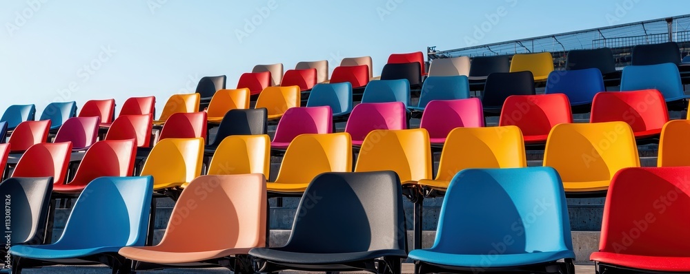 Aufkleber a vibrant array of colorful chairs arranged in rows under a clear sky, creating a lively and invitin
